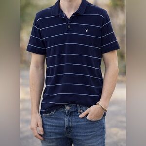 American Eagle Outfitters Men's Dark Blue Polo with Light Blue Stripes